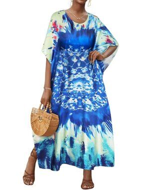 Womens Blue Spiral Plus Size V Neck Caftan Long Batwing Sleeve Swimsuit Cover Up